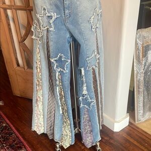 A Rare Bird  men’s Tie Patchwork Flared Jeans small med NBW tag